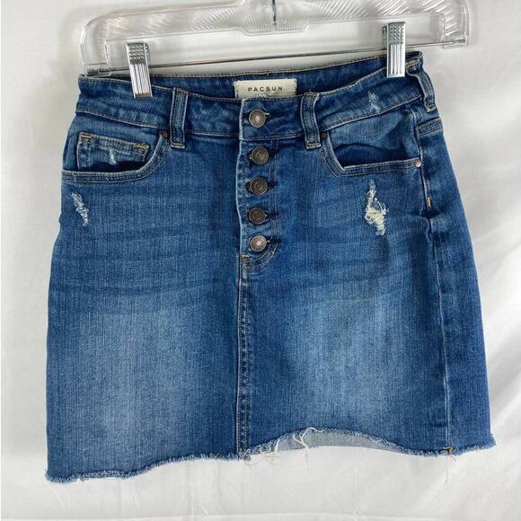 PacSun Medium Wash Button Up Distressed Denim Skirt 25 - Picture 1 of 3